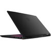 Czarny laptop z widocznym logo producenta na pokrywie, częściowo otwarty, z podświetlaną klawiaturą w kolorze różowym. Na obudowie znajdują się różne porty, w tym USB i HDMI.