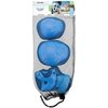 Na zdjęciu znajduje się zestaw ochraniaczy w kolorze niebieskim, zapakowany w siatkowy worek. Na opakowaniu widnieje napis: "SPOKEY Buffer XS Size, Protection Set Zestaw Ochraniaczy, Comfortable, Durable, For Kids of All Ages".