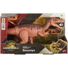 Pudełko z figurką dinozaura Baryonyx z serii Jurassic World, z widocznym logo "Jurassic World Rebirth" oraz napisem "Wild Roar Rugissement Féroce Rugido Salvaje Baryonyx". W prawym dolnym rogu znajduje się logo "Mattel".