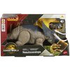 Pudełko z figurką dinozaura Nasutoceratops z serii Jurassic World, z widocznym logo Jurassic World Rebirth oraz Mattel. Na opakowaniu znajdują się napisy: "Wild Roar", "Rugissement Féroce", "Rugido Salvaje", "Rugido Selvagem".