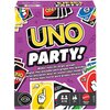 Fioletowe opakowanie gry karcianej z dużym napisem "UNO PARTY!" oraz mniejszymi napisami w kilku językach: "Wilder rules for larger groups!", "Reglas más alocadas para grupos más grandes!", "Cartes délirantes pour les joueurs plus nombreux!", "Regras mais