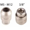 Dwa metalowe adaptery do gwintowników z napisami "M5-M12" i "3/8", z widocznym logo "NEO TOOLS" na jednym z nich. Adaptery mają srebrny kolor i teksturowaną powierzchnię.
