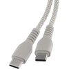 Szary kabel USB-C do USB-C z plecionym oplotem, zakończony dwoma identycznymi wtyczkami. Produkt to "Kabel USB-C - USB-C QUALO QKN-CC-18 1.5 m Szary".