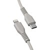 Szary kabel USB Typ-C do Lightning z plecionym oplotem, zakończony złączami USB-C i Lightning. Produkt ma solidne, wzmocnione końcówki.