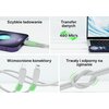 Na zdjęciu widoczny jest szary kabel USB Typ-C - Lightning z zielonymi akcentami, podłączony do smartfona i laptopa, z tekstami: "Szybkie ładowanie", "Transfer danych 480 Mb/s", "Wzmocnione konektory" oraz "Trwały i odporny na zginanie". Kabel jest pokaza