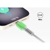 Na zdjęciu widać szary kabel USB Typ-C - Lightning podłączony do urządzenia, które pokazuje na ekranie ikonę ładowania i napis "100%". Obok kabla znajduje się okrągły symbol z tekstem "12 W Moc".
