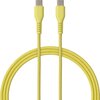 Żółty kabel USB-C do USB-C o długości 1,5 metra z plecioną osłoną i wzmocnionymi końcówkami. Produkt jest oznaczony jako QUALO QKN-CC-05.