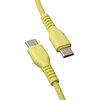 Żółty kabel USB-C do USB-C z plecionym oplotem, widoczny z dwoma złączami. Produkt ma gładkie, zaokrąglone końcówki z wyraźnymi żłobieniami dla lepszego chwytu.