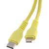 Żółty kabel USB Typ-C do Lightning z plecionym oplotem, widoczny z dwoma różnymi końcówkami. Końcówki mają wzmocnione osłonki w tym samym kolorze co kabel.