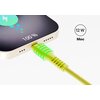 Na zdjęciu widoczny jest żółty kabel USB Typ-C - Lightning podłączony do urządzenia, które pokazuje na ekranie ikonę ładowania i napis "100%". Obok kabla znajduje się napis "12 W Moc".