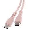 Różowy kabel USB-C do USB-C z plecionym oplotem, widoczny z dwoma złączami. Produkt to "Kabel USB-C - USB-C QUALO QKN-CC-16 1.5 m Różowy".