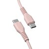 Różowy kabel USB-C do USB-C z plecionym oplotem, zakończony dwoma identycznymi wtyczkami. Wtyczki mają gładką powierzchnię z delikatnymi żłobieniami przy podstawie.