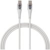 Biały kabel USB-C do USB-C o długości 1,5 metra z przezroczystymi końcówkami, ukazującymi wewnętrzne elementy elektroniczne. Kabel ma plecioną osłonę, co zwiększa jego trwałość.