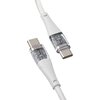 Na zdjęciu widoczny jest biały kabel USB-C do USB-C o długości 1,5 metra z przezroczystymi końcówkami, przez które widać wewnętrzne elementy elektroniczne. Kabel ma plecioną osłonę, a końcówki są wykonane z białego tworzywa sztucznego.