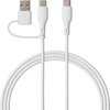 Biały kabel USB-C - USB-C/USB-A o długości 1,5 metra z dwoma końcówkami USB-C i jedną końcówką USB-A, z widocznym symbolem USB na wtyczce USB-A. Kabel jest zwinięty, a końcówki są ułożone obok siebie.