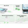 Na zdjęciu widoczny jest biały kabel USB - USB Typ-C z wzmocnionymi konektorami, podłączony do smartfona i laptopa, z opisami: "Moc 60 W", "Transfer danych 480 Mb/s", "Wzmocnione konektory" oraz "Trwały i odporny na zginanie". Kabel jest pokazany w różnyc