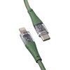Zielony kabel USB Typ-C - Lightning o długości 1,5 m z przezroczystymi końcówkami, ukazującymi wewnętrzne elementy elektroniczne. Produkt ma plecioną osłonę i solidne złącza.