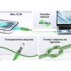Na zdjęciu widoczny jest zielony kabel USB Typ-C - Lightning z transparentną wtyczką, podłączony do smartfona i laptopa, z opisami: "Moc 12 W", "Transfer danych 480 Mb/s", "Transparentna wtyczka" oraz "Trwały i odporny na zginanie". Kabel jest pokazany w 