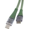 Zielony kabel USB-C do USB-C o długości 1,5 metra z przezroczystymi końcówkami, przez które widać elementy elektroniczne. Kabel ma plecioną osłonę i jest oznaczony jako QUALO Transparent QTCN-CC-04.