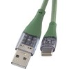 Zielony kabel USB z końcówkami USB i USB Typ-C, posiada przezroczyste osłony z widocznymi elementami wewnętrznymi. Kabel ma plecioną strukturę, a na końcówkach widoczne są małe diody.