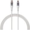 Biały kabel USB Typ-C - Lightning o długości 1,5 metra z przezroczystymi końcówkami, ukazującymi wewnętrzne elementy elektroniczne. Produkt ma plecioną osłonę, co zwiększa jego trwałość.