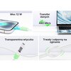 Na zdjęciu widoczny jest kabel USB Typ-C - Lightning z transparentną wtyczką, podłączony do smartfona i laptopa, z opisami: "Moc 12 W", "Transfer danych 480 Mb/s", "Transparentna wtyczka" oraz "Trwały i odporny na zginanie". Kabel jest biały, a jego powie