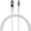 Biały kabel USB o długości 1,5 metra z wtyczkami USB i USB Typ-C, posiada przezroczyste elementy przy złączach, ukazujące wewnętrzne obwody. Kabel jest opleciony materiałem, co zwiększa jego trwałość.