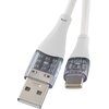Na zdjęciu widoczny jest biały kabel USB z końcówkami USB i USB Typ-C, z przezroczystymi osłonami ukazującymi wewnętrzne elementy. Kabel ma plecioną strukturę, a na przezroczystych częściach widoczne są małe diody.