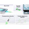 Na zdjęciu znajduje się kabel USB z transparentną wtyczką, podłączony do smartfona i laptopa, z widocznymi napisami: "Moc 60 W", "Transfer danych 480 Mb/s", "Transparentna wtyczka" oraz "Trwały i odporny na zginanie". Kabel jest biały, a jego konstrukcja 