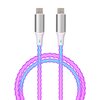 Na zdjęciu znajduje się biało-srebrny kabel USB-C do USB-C o długości 1 metra, z kolorowym, plecionym oplotem w odcieniach różu i niebieskiego. Końcówki kabla są metaliczne, a na białych częściach widoczny jest niebieski symbol.