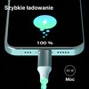 Na zdjęciu widoczny jest telefon z podłączonym kablem USB-C, na ekranie którego wyświetla się ikona ładowania z napisem "100%". W lewym górnym rogu znajduje się tekst "Szybkie ładowanie", a w prawym dolnym rogu okrąg z napisem "60 W Moc".