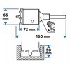 Schemat techniczny otwornicy z wymiarami: długość 160 mm, szerokość 72 mm, wysokość 65 mm, oraz głębokość cięcia 50 mm; oznaczenie gwintu M22.