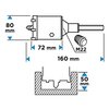 Schemat techniczny przedstawiający otwornicę z wymiarami: 80 mm wysokości, 72 mm szerokości, 160 mm długości oraz głębokość cięcia 50 mm. Obok otwornicy widoczny jest element oznaczony jako M22.