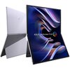 Monitor ASUS ZenScreen Fold MQ17QH 17.3" OLED 2560x1920px 0.2 ms [GTG] jest przedstawiony z przodu i z tyłu, z widocznym kolorowym ekranem i napisem "ASUS ZenScreen Fold OLED". Obudowa monitora jest w kolorze srebrnym, a na tylnej części znajduje się logo