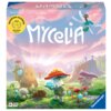 Okładka gry planszowej "Mycelia" przedstawia fantastyczny krajobraz z postaciami przypominającymi grzyby, w jasnych kolorach, z napisem "Mycelia" na tle różowego nieba. W lewym górnym rogu znajduje się żółta naklejka z napisem "Nagroda Główna 2025 Gra Rok