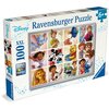 Pudełko puzzli Ravensburger Disney zawiera ilustracje postaci z różnych filmów animowanych, ułożone w siatkę. Na opakowaniu widnieje napis: "Disney Ravensburger Puzzle 100 XXL Premium Puzzle Perfect Age Fit 6+".