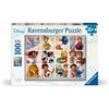Pudełko puzzli Ravensburger z motywem postaci Disneya zawiera ilustracje różnych bohaterów, takich jak Dumbo, Mickey Mouse, Simba i inne. Na opakowaniu widnieją napisy: "Disney", "Ravensburger Puzzle", "100 XXL", "Premium Puzzle", "Perfect Age Fit", oraz 