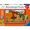 Opakowanie puzzli Ravensburger z serii Disney Classics przedstawia ilustrację z filmu "Król Lew", na której widoczne są postacie lwa, lwicy i ptaka na tle sawanny. Na opakowaniu znajdują się napisy: "Disney Classics", "Ravensburger Puzzle", "2x24", "Premi