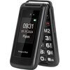 Czarny telefon z klapką marki Krüger&Matz, na wyświetlaczu widoczna jest godzina 09:31, data 01.11.2024 oraz dzień tygodnia "Piątek". Klawiatura telefonu ma duże, wyraźne przyciski z białymi oznaczeniami.