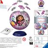 Na zdjęciu znajduje się opakowanie puzzli 3D z motywem postaci z bajki, przedstawiające kulę złożoną z 73 elementów, z ilustracją dziewczynki i zwierząt. Widoczne są napisy: "73 Teile pieces pièces pezzi", "6-99 Jahre years ans anni", oraz logo "Ravensbur
