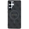 Czarne etui na telefon z wzorem 4G i dużym okręgiem na środku, na którym widnieje napis "GUESS". W lewym górnym rogu widoczne są wycięcia na aparat z czterema obiektywami.
