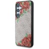 Etui na telefon z wzorem różowych kwiatów i zielonych liści na tle z jasnym, teksturowanym wzorem 4G. Na środku widoczny jest napis "GUESS" w kolorze złotym.