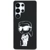 Czarne etui na telefon z białym nadrukiem postaci w okularach przeciwsłonecznych i garniturze. Na dole nadruku znajduje się napis "KARL LAGERFELD".