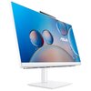 Biały komputer stacjonarny typu all-in-one z ekranem wyświetlającym kolorową grafikę z bąbelkami, na której widnieje logo "ASUS". Urządzenie stoi na prostokątnej podstawie, a jego obudowa ma nowoczesny design.