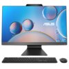 Na zdjęciu znajduje się komputer stacjonarny typu all-in-one z dużym ekranem, na którym widoczne są kolorowe bańki na niebieskim tle oraz logo "ASUS". Przed monitorem umieszczono czarną klawiaturę i myszkę z logo "ASUS".