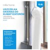 Na zdjęciu widoczna jest uszczelka okienna do klimatyzatorów przenośnych marki "milla home", zamontowana w otwartym oknie, z białą rurą wychodzącą na zewnątrz. Tekst na zdjęciu: "USZCZELKA OKIENNA DO KLIMATYZATORÓW UNIVERSAL WINDOW SEAL ACA101", "Przeznac