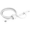 Biały kabel USB-C - USB-C/Lightning o długości 1,5 metra, z widocznym logo "belkin" na zapięciu. Kabel jest zwinięty i posiada dwa różne złącza na końcach.