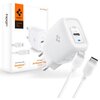 Białą ładowarkę sieciową z portem USB-C i oznaczeniem "20W" przedstawiono obok opakowania z logo Spigen oraz napisami "Sync/Charge Cable DuraSync™ (C10CL)" i "Wall Charger ArcStation™ Pro (PE2009)". Obok ładowarki znajdują się dwa białe kable z końcówkami
