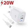 Biała ładowarka sieciowa z logo Spigen, posiadająca port USB-C z oznaczeniem "20W" oraz niebieską diodę, obok której znajduje się kabel z końcówkami USB-C i Lightning. W lewym górnym rogu widoczny jest czerwony napis "20W" z symbolem błyskawicy.
