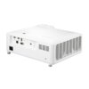 Biały projektor z widocznymi portami HDMI, USB, Ethernet oraz złączem zasilania, posiada logo "ViewSonic" na obudowie. Na górnej powierzchni znajdują się przyciski sterujące oraz kratki wentylacyjne po bokach.